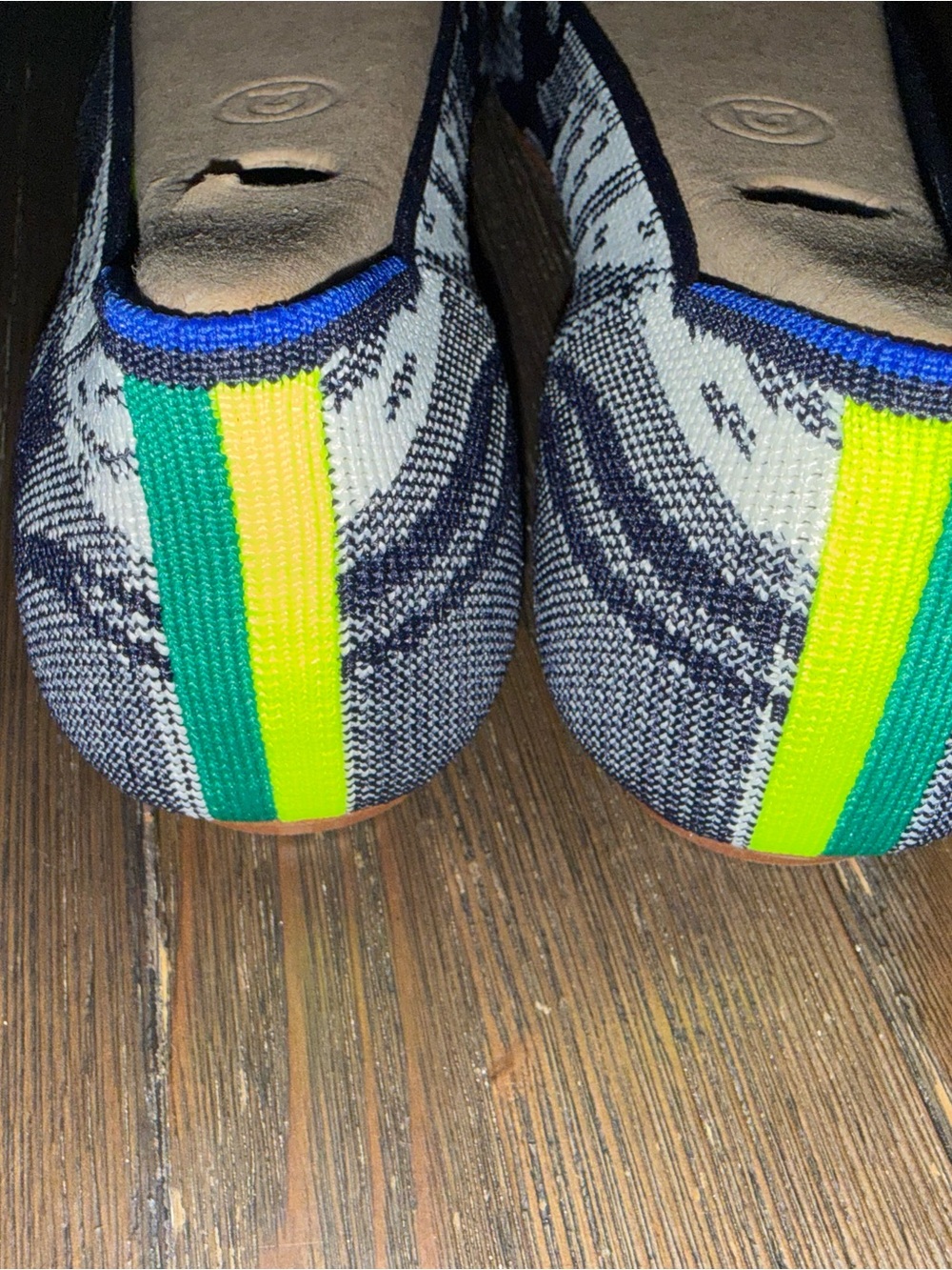 Rothy's Neon Yellow and Navy Pointed Toe Ballet Flats with Patterned Knit - Picture 2 of 3